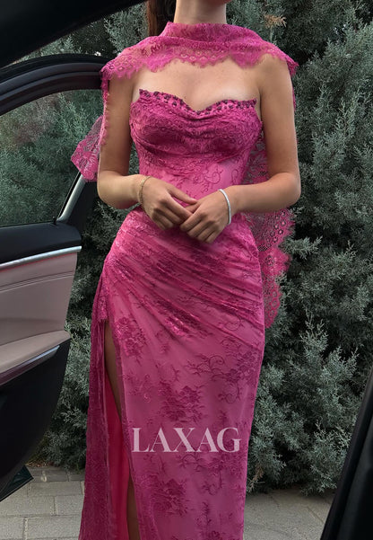 Off-Shoulder Sleeveless Allover Lace Party Gowns Sweetheart High Slit Mermaid Prom Dress with Overlay