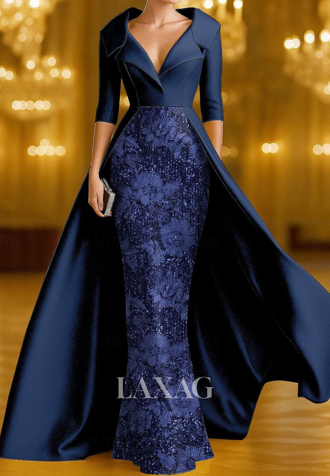 V-Neck Collared 3/4-Sleeves Floor-Length  Sequined Applique Satin Mermaid Evening Dress