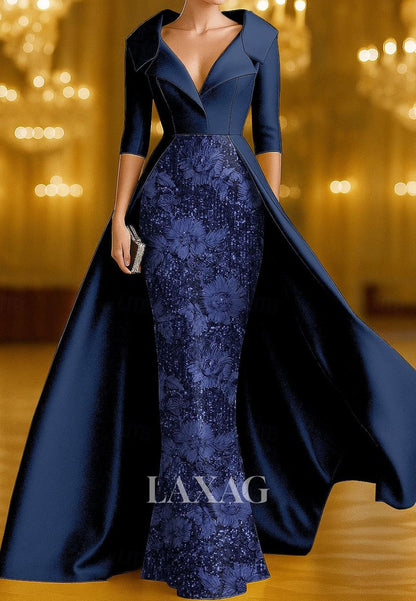 V-Neck Collared 3/4-Sleeves Floor-Length  Sequined Applique Satin Mermaid Evening Dress
