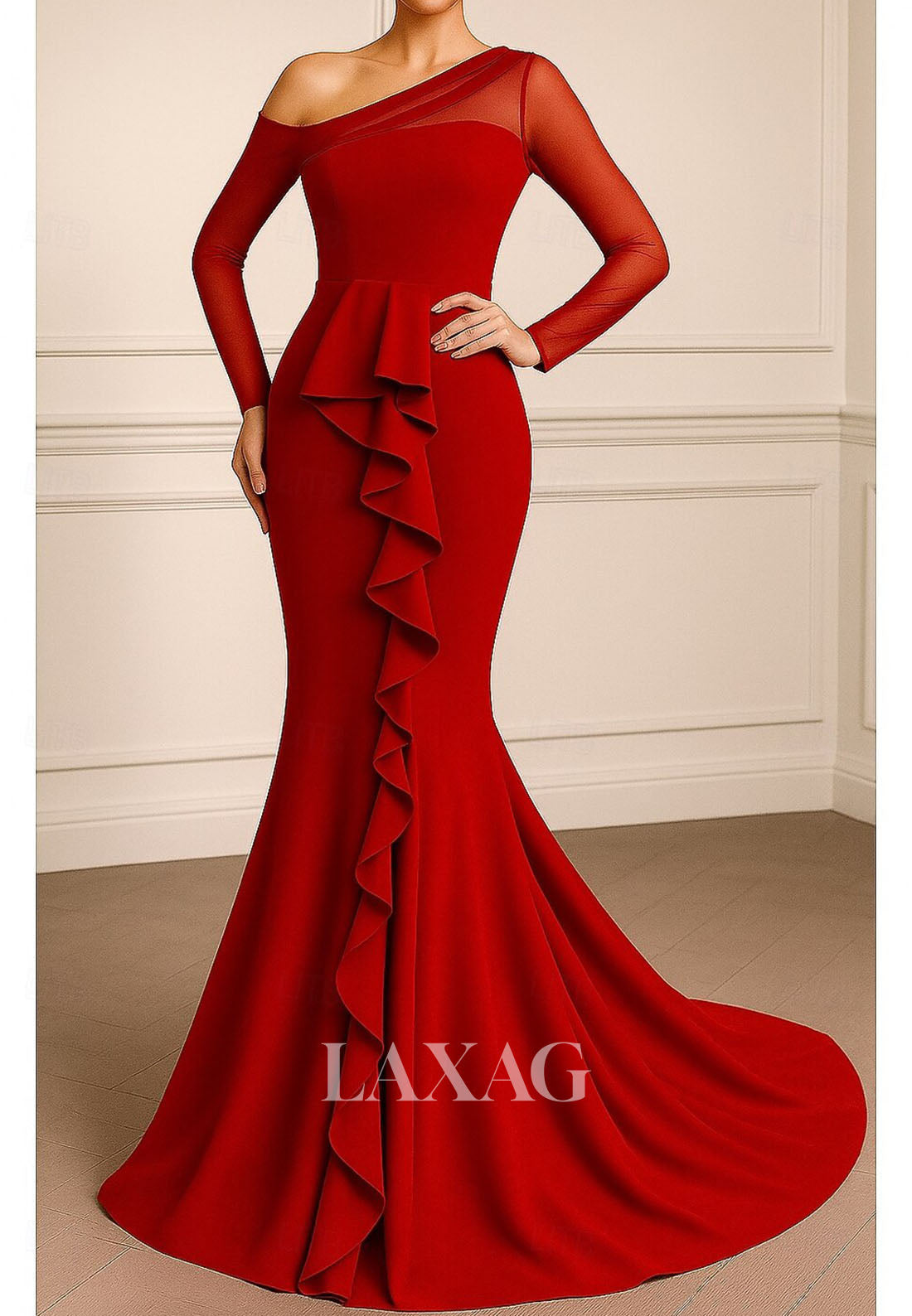 Asymmetrical-Neck Long-Sleeves Formal Gowns Ruffled Satin&Tulle Trumpet Mermaid Evening Dress