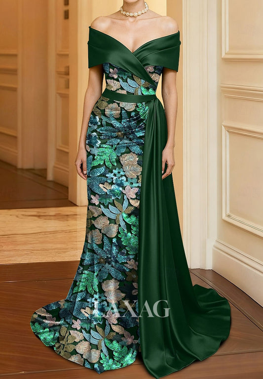 Off-Shoulder Sequined Applique Formal Gowns V-Neck Sleeveless Satin Mermaid Evening Dress