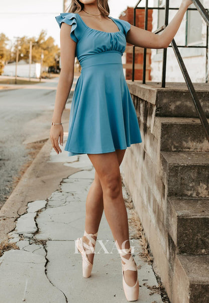 Scoop-Neck Cap-Sleeves Pleated Chiffon Short A-Line Party Homecoming Dress