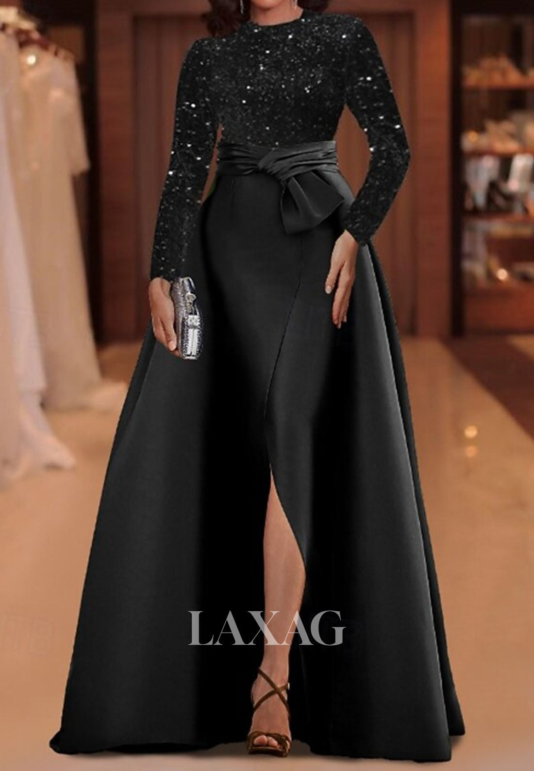 Scoop-Neck Long-Sleeves Floor-Length Formal Gowns Sequined Satin Pleated A-Line Evening Dress
