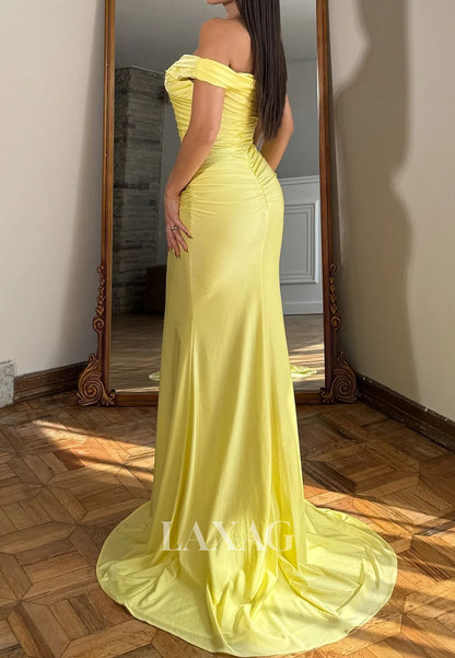 Sweetheart Off-Shoulder Sleeveless Pleated Chiffon Simple Mermaid Prom Dress with Sweep Train