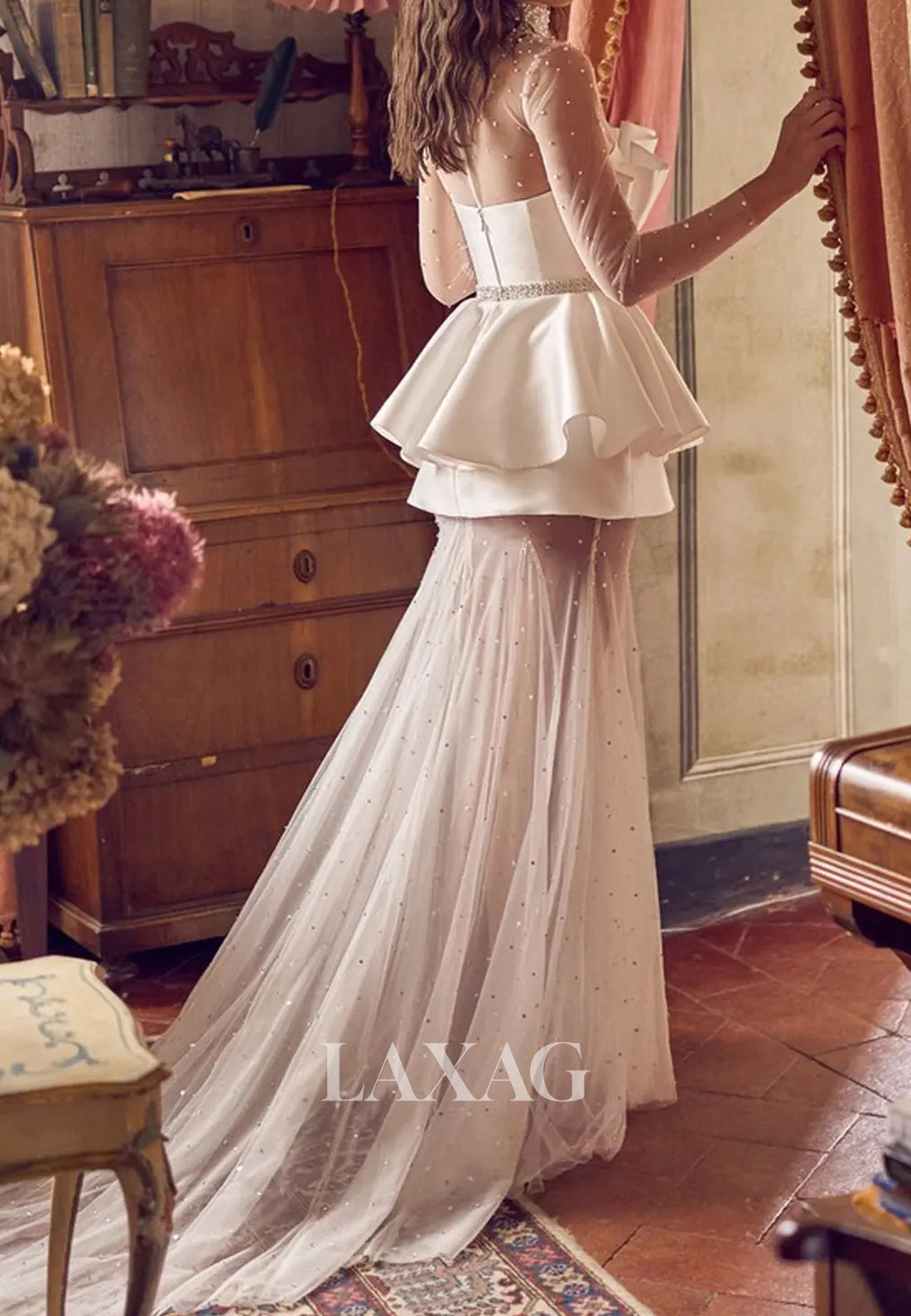 High-Neck Long-Sleeves Fully Beaded Satin&Tulle Pleated Mermaid Wedding Dress with Train