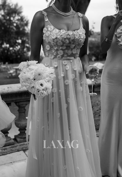 Scoop-Neck Floral Embellished Satin Bride Gowns Straps Beaded Pleated Tulle A-Line Wedding Dress