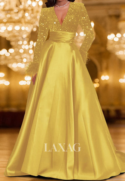 Deep V-Neck Floor-Length A-Line Evening Dress Long-Sleeves Feathered Sequined Satin Formal Gowns