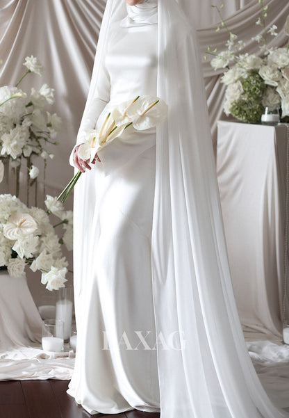 Simple High-Neck Long-Sleeves Satin Fitted Wedding Dress with Chiffon Long Veil