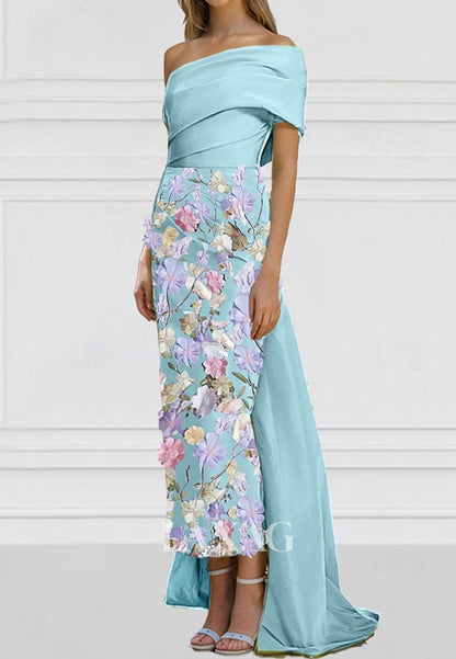 Asymmetrical-Neck Sleeveless Mermaid Evening Dress Floral Embellished Applique Satin Formal Gowns