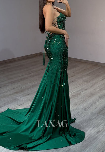 Spaghetti Straps Sweetheart Pleated Satin Mermaid Prom Dress Sequined Party Gowns with High Slit