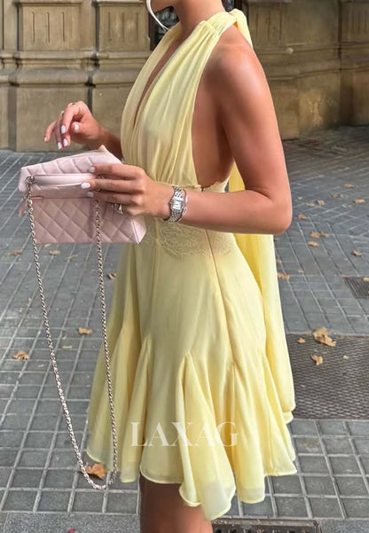 Halter Deep V-Neck Off-Shoulder Sleeveless Pleated Chiffon Short A-Line Party Homecoming Dress