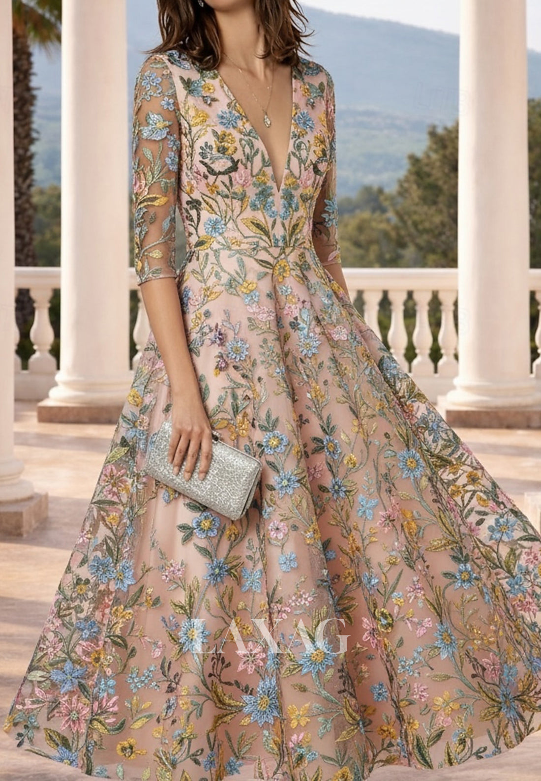 Deep V-Neck Half-Sleeves Jacquard Tulle&Satin Pleated Sheer Ankle-Length A-Line Evening Dress