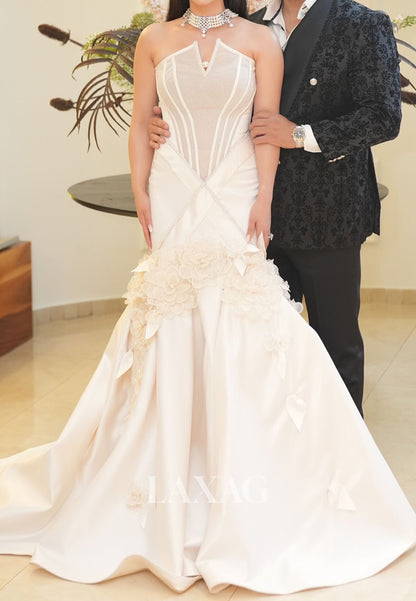 Off-Shoulder Sleeveless Trumpet Mermaid Wedding Dress Floral Embellished Beaded Satin Bride Gowns