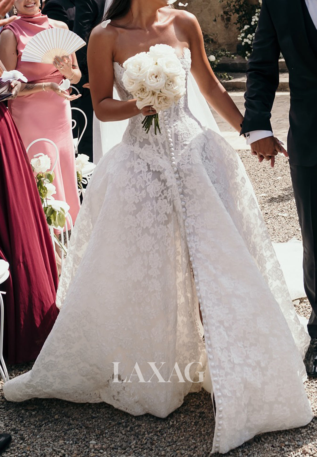 Sweetheart Off-Shoulder Sleeveless Allover Lace Applique A-Line Wedding Dress with Train
