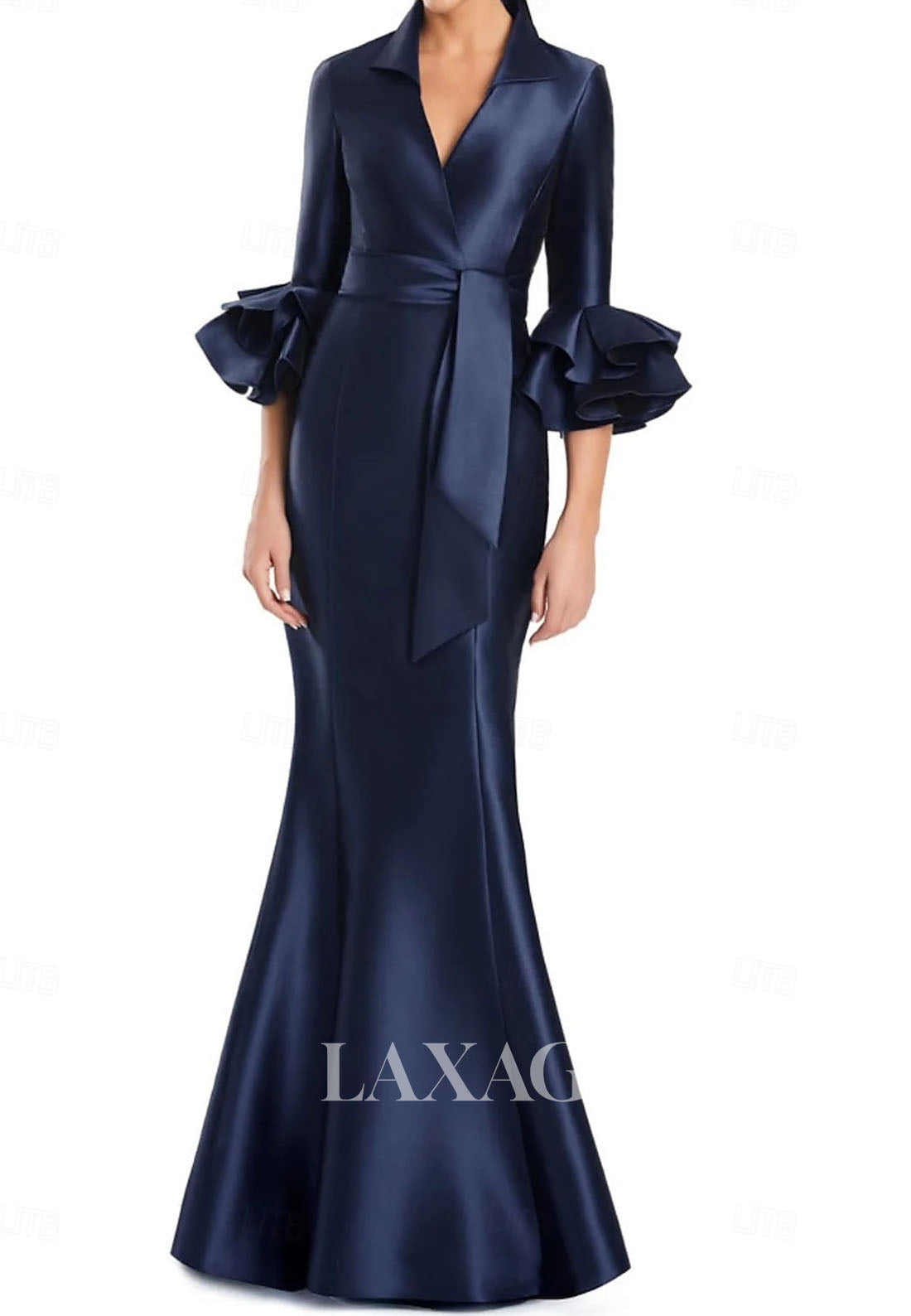V-Neck Half-Sleeves Trumpet Mermaid Evening Dress Pleated Satin Floor-Length Formal Gowns