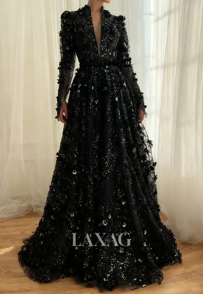 A-Line Plunging V-Neck Long-Sleeves Prom Dress Sequined Floral Embellished Tulle Party Gowns