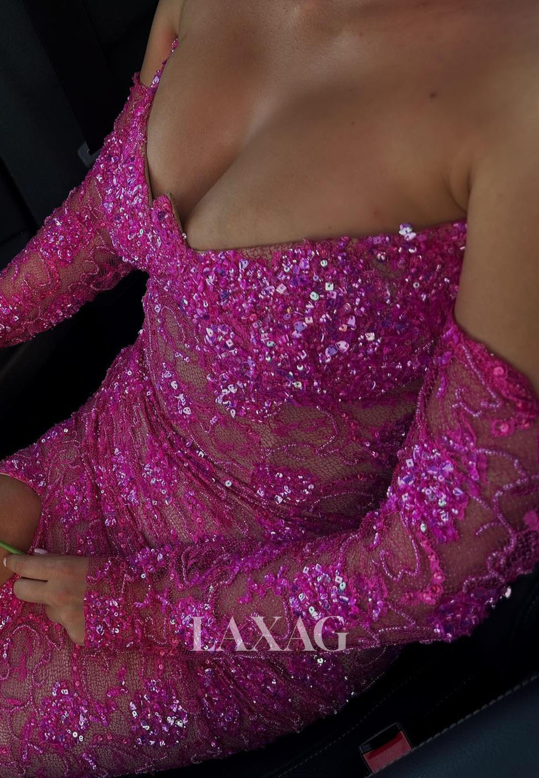 Sweetheart Long-Sleeves Pleated Tulle Party Gowns Fully Sequined Applique High Slit Mermaid Prom Dress