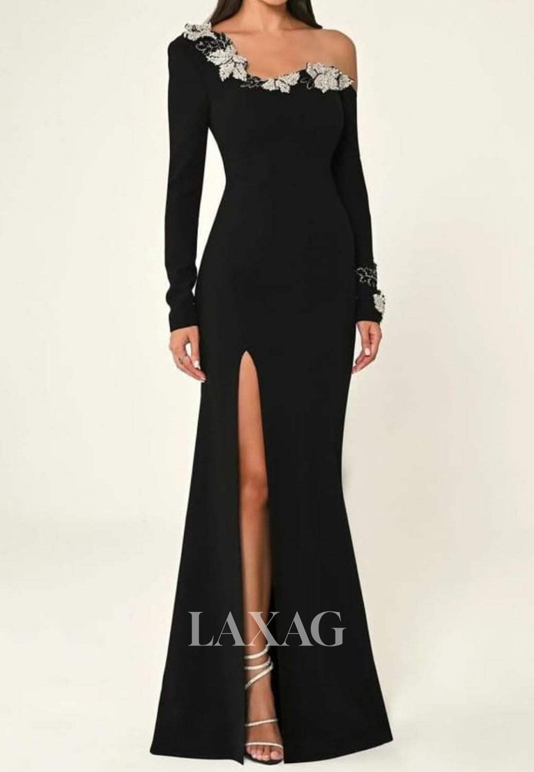 Asymmetrical-Neck Satin Mermaid Evening Dress Long-Sleeves Beaded Floral Formal Gowns