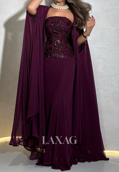 Tube Top Sleeveless Floor-Length Sequined Applique Pleated Chiffon Evening Dress with Overlay