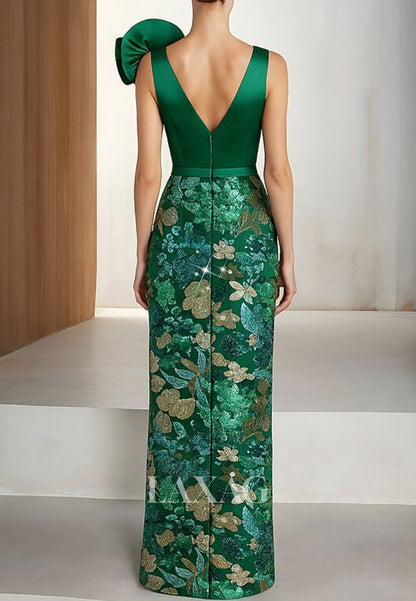 Deep V-Neck Straps Ruffled Satin Formal Gowns Sequined Applique Floor-Length Mermaid Evening Dress