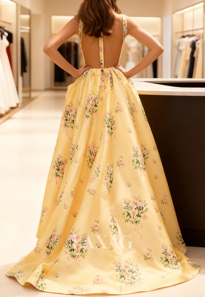 Square-Neck Straps Print-Satin Pleated Party Gowns Sleeveless Pearls A-Line Prom Dress