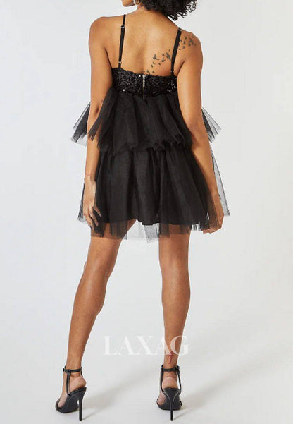 Sweetheart Spaghetti Straps Pleated Tulle Tiered A-Line Party Homecoming Dress with Sequined Bow