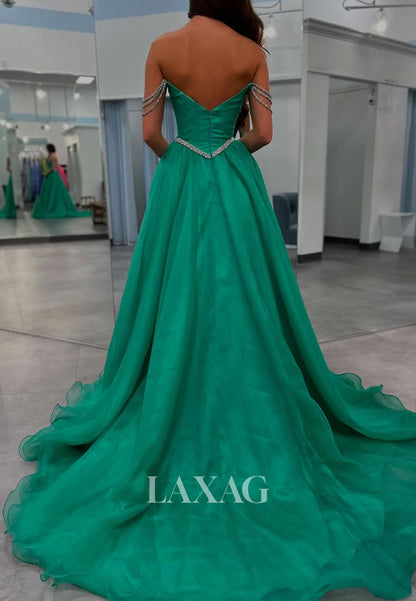 Sweetheart Sleeveless Pleated Chiffon A-Line Prom Dress Off-Shoulder Rhinestone Slit Party Gowns