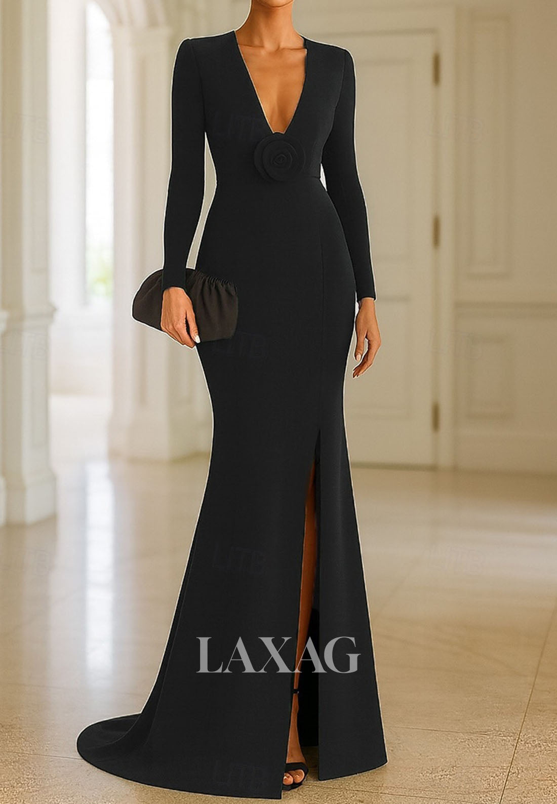 Deep V-Neck Satin Pleated Mermaid Evening Dress Long-Sleeves Sweep Train Formal Gowns with Slit