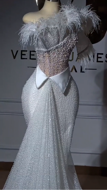 Asymmetrical-Neck Fully Sequined Beaded Feathered Tulle Pleated Mermaid Wedding Dress