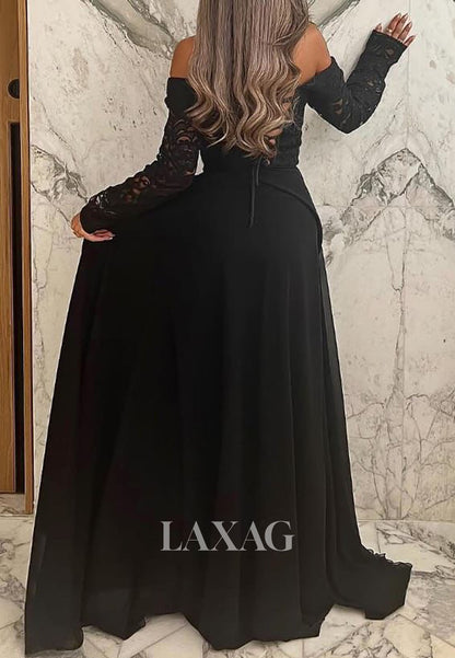 Bateau-Neck Long-Sleeves Pleated Tulle Formal Gowns Lace Applique Pleated A-Line Evening Dress