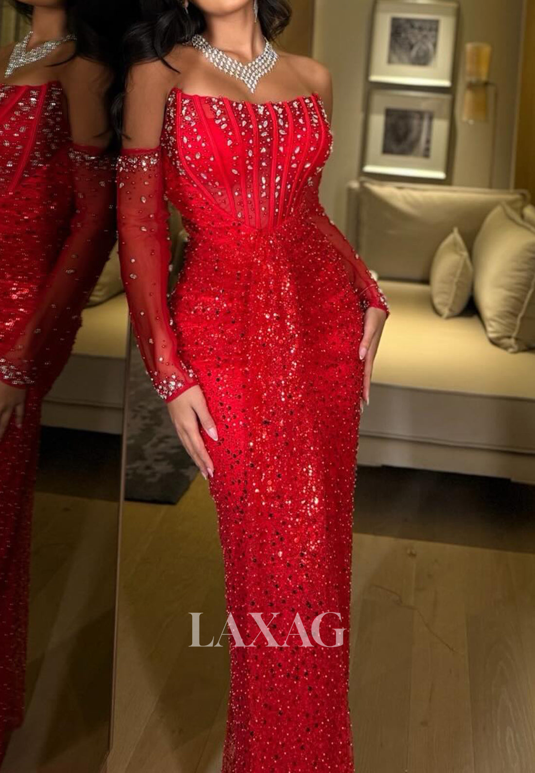 Bateau-Neck Long-Sleeves Fully Rhinestone Sequined Beaded Tulle Pleated Mermaid Prom Dress