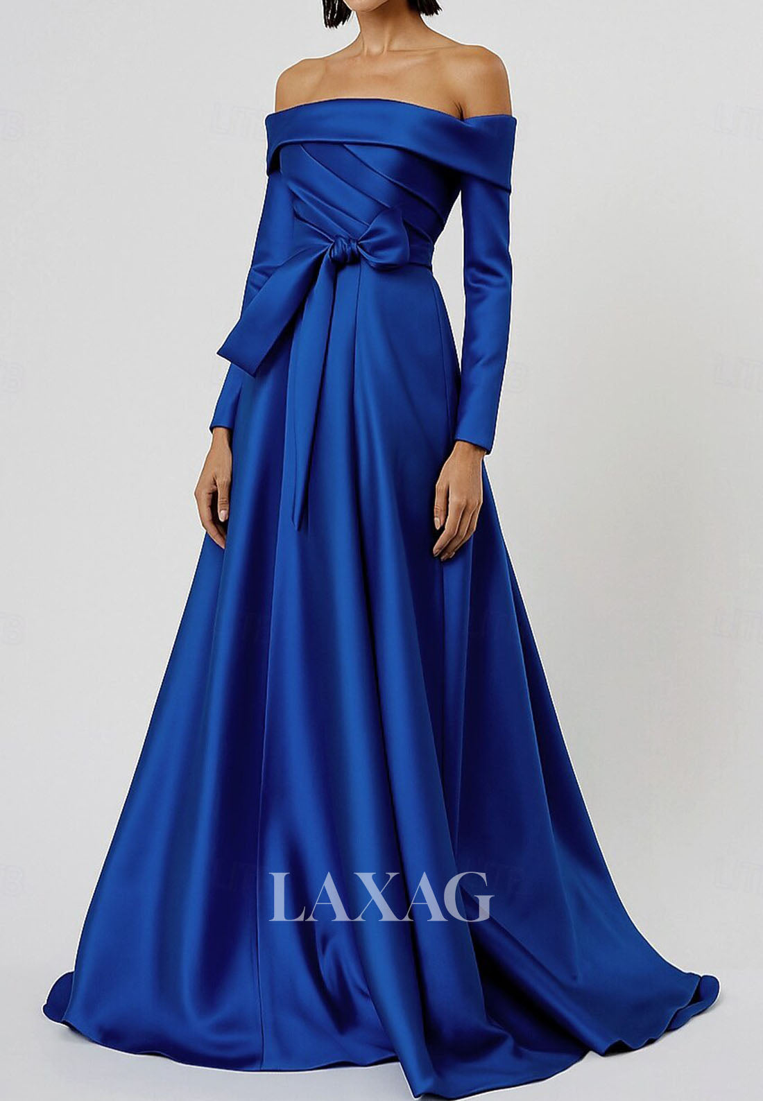 Bateau-Neck Off-Shoulder Long-Sleeves Satin Pleated Floor-Length A-Line Formal Evening Dress