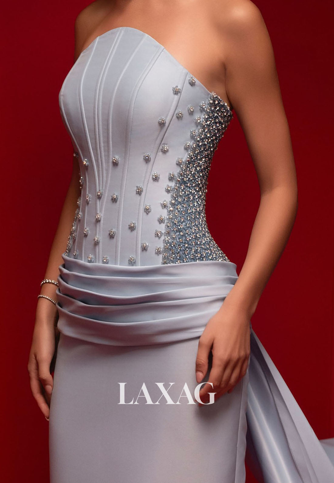 Off-Shoulder Sleeveless Sequined Beaded Satin Pleated Mermaid Formal Evening Dress with Slit