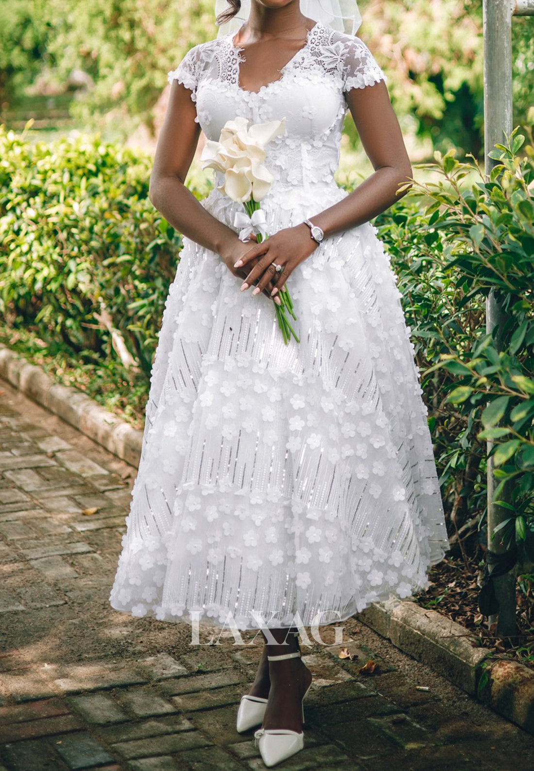 Sweetheart Cap-Sleeves Sequined 3D-Floral Lace Pleated Tea-Length A-Line Wedding Dress