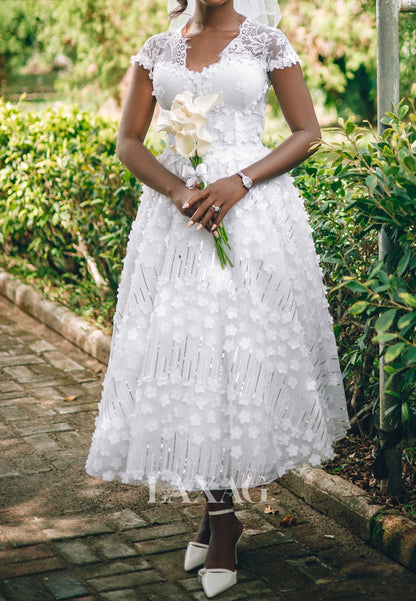 Sweetheart Cap-Sleeves Sequined 3D-Floral Lace Pleated Tea-Length A-Line Wedding Dress