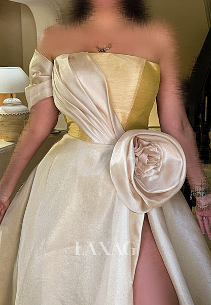 Tube Top Sleeveless Satin A-Line Evening Dress Floral Embellished Pleated Satin Formal Gowns