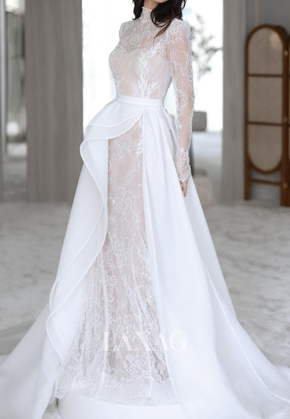 High-Neck Long-Sleeves Allover Lace Bride Gowns Beaded Applique Mermaid Wedding Dress with Chiffon Train