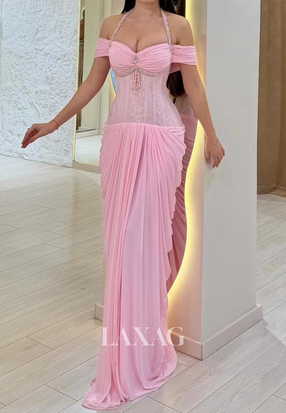 Halter-Sweetheart Sleeveless Beaded Chiffon Pleated Floor-Length Mermaid Formal Prom Dress