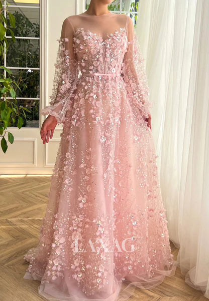 Sweetheart Long-Sleeves Sequined Party Gowns Tulle Floral Embellished A-Line Prom Dress