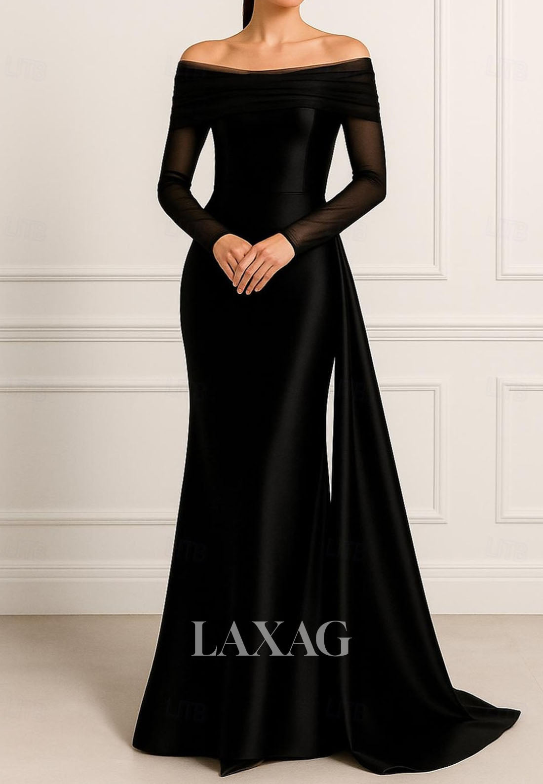 Bateau-Neck Long-Sleeves Mermaid Evening Dress Floor-Length Satin&Tulle Pleated Formal Gowns
