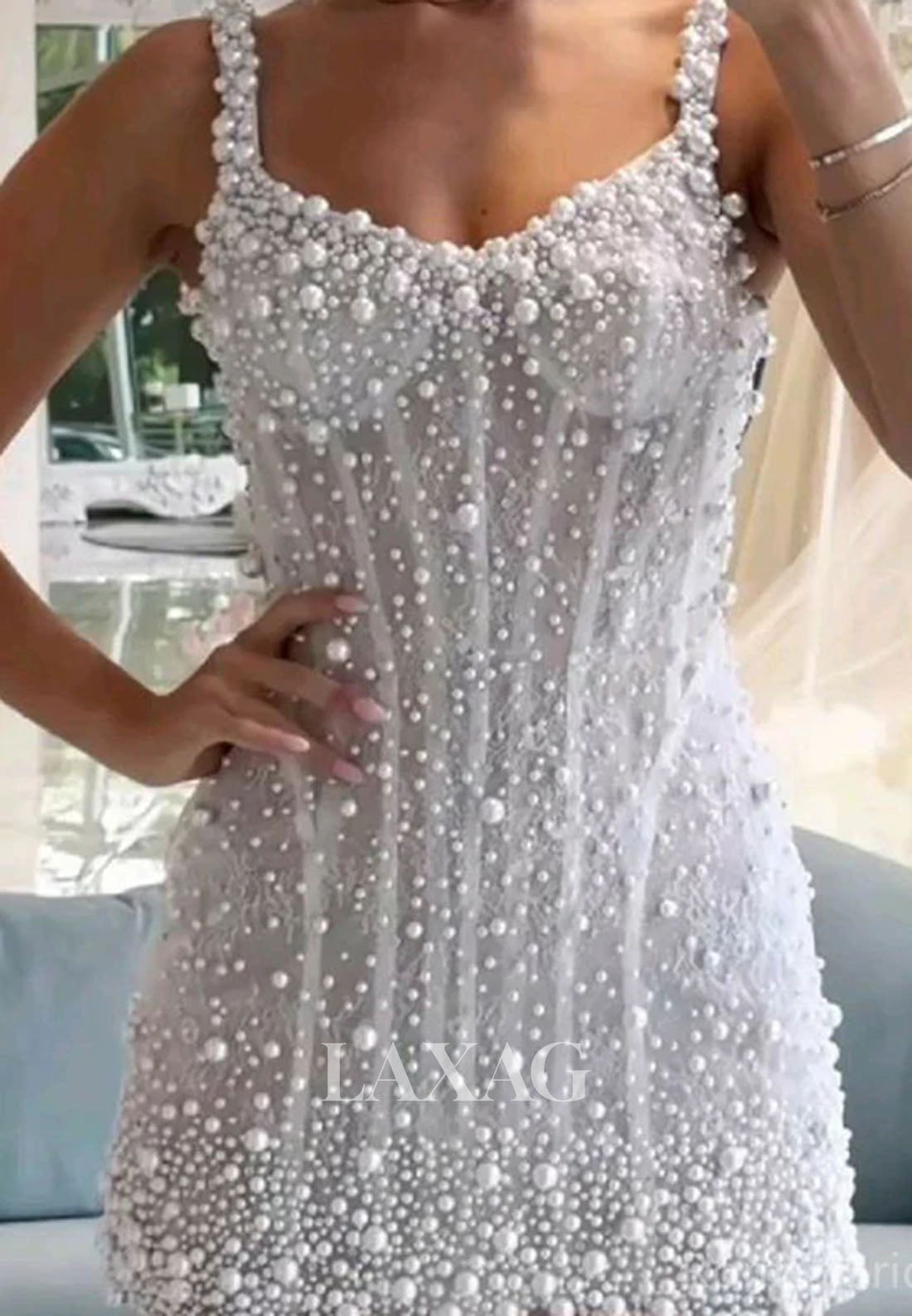 Sweetheart Spaghetti Straps Mermaid Wedding Dress Fully Beaded Pearls Short Boho Bride Gowns