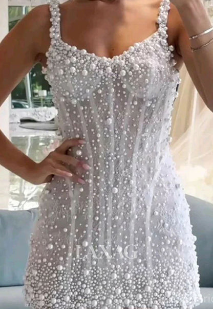 Sweetheart Spaghetti Straps Mermaid Wedding Dress Fully Beaded Pearls Short Boho Bride Gowns