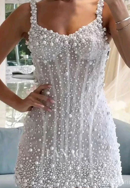 Sweetheart Spaghetti Straps Mermaid Wedding Dress Fully Beaded Pearls Short Boho Bride Gowns