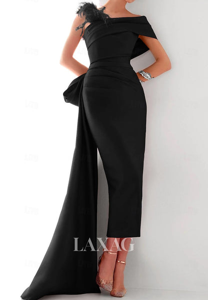 Asymmetrical-Neck Ankle-Length Satin Mermaid Evening Dress Feathered Pleated Satin Formal Gowns