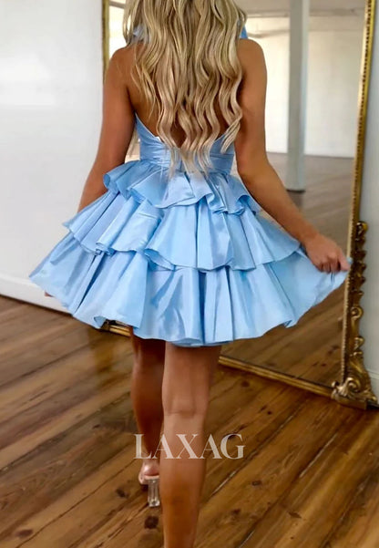 Plunging V-Neck Straps Sleeveless Ruffled Pleated Satin Tiered A-Line Homecoming Dress