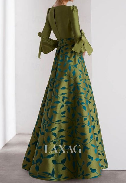 A-Line Long-Sleeves Floor-Length Evening Dress V-Neck Pleated Print-Satin High Slit Formal Gowns