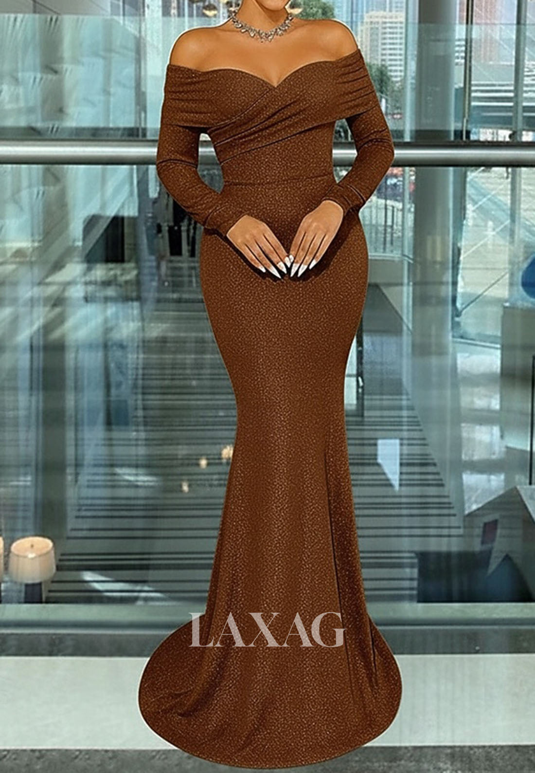 Sweetheart Long-Sleeves Mermaid Evening Dress Glitter-Knit Pleated Floor-Length Formal Gowns