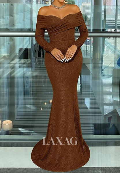 Sweetheart Long-Sleeves Mermaid Evening Dress Glitter-Knit Pleated Floor-Length Formal Gowns