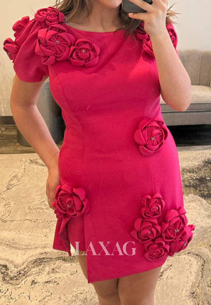 Scoop-Neck Cap-Sleeves Floral Embellished Fitted Satin Short Party Homecoming Dress