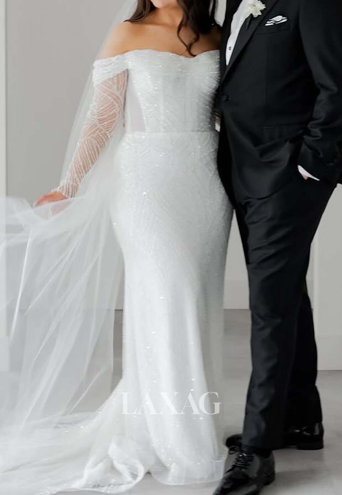 Sweetheart Long-Sleeves Mermaid Wedding Dress Fully Sequined Sweep Train Formal Gowns